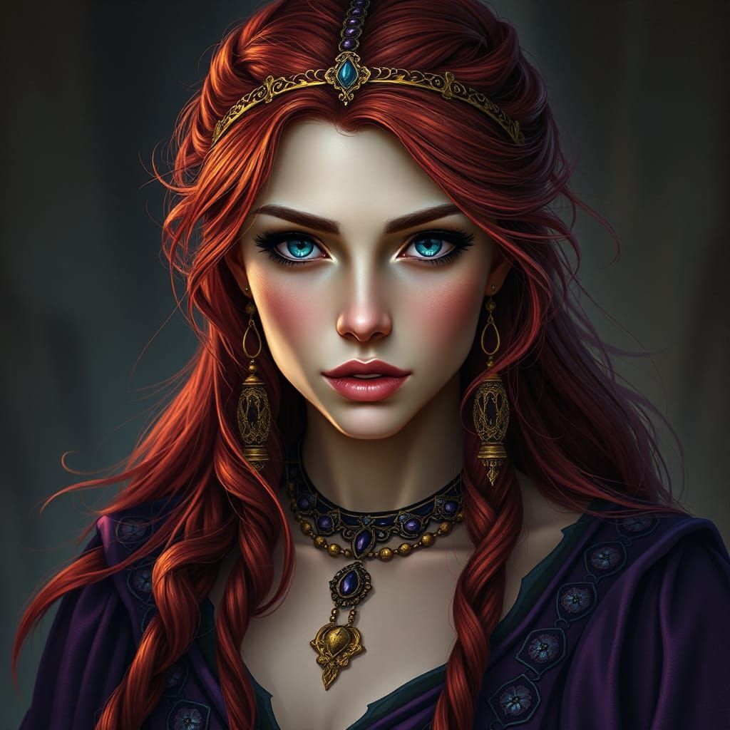 Fantasy Woman with Red Hair in Digital Painting Style