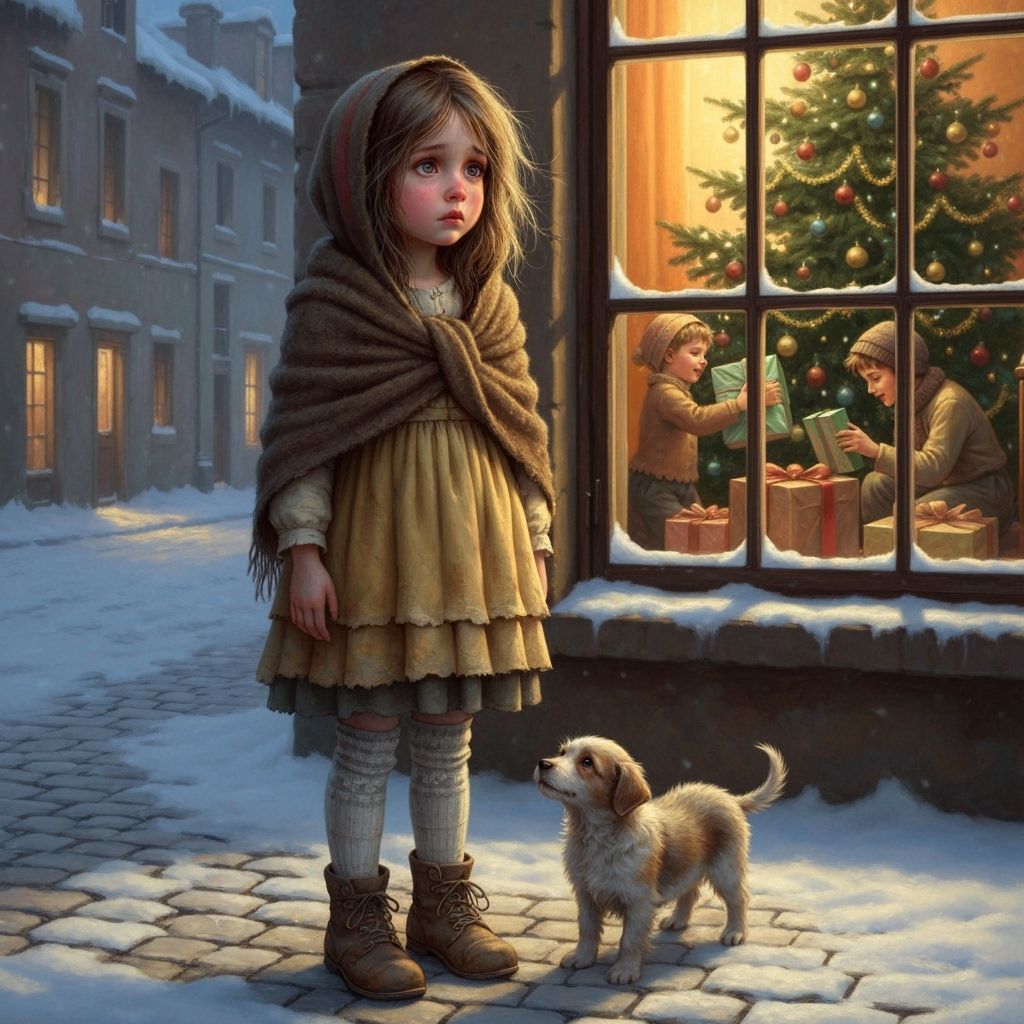 Sad Girl and Puppy Outside Snowy Window