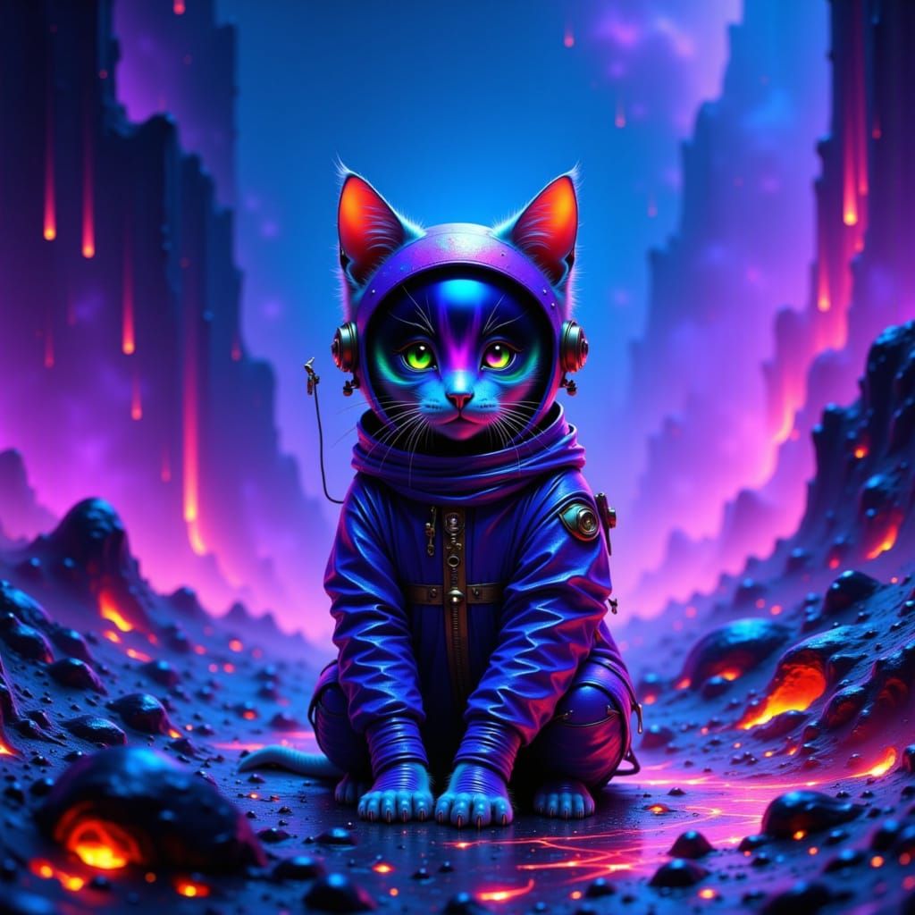 Cat in Spacesuit on Io with Glowing Lava