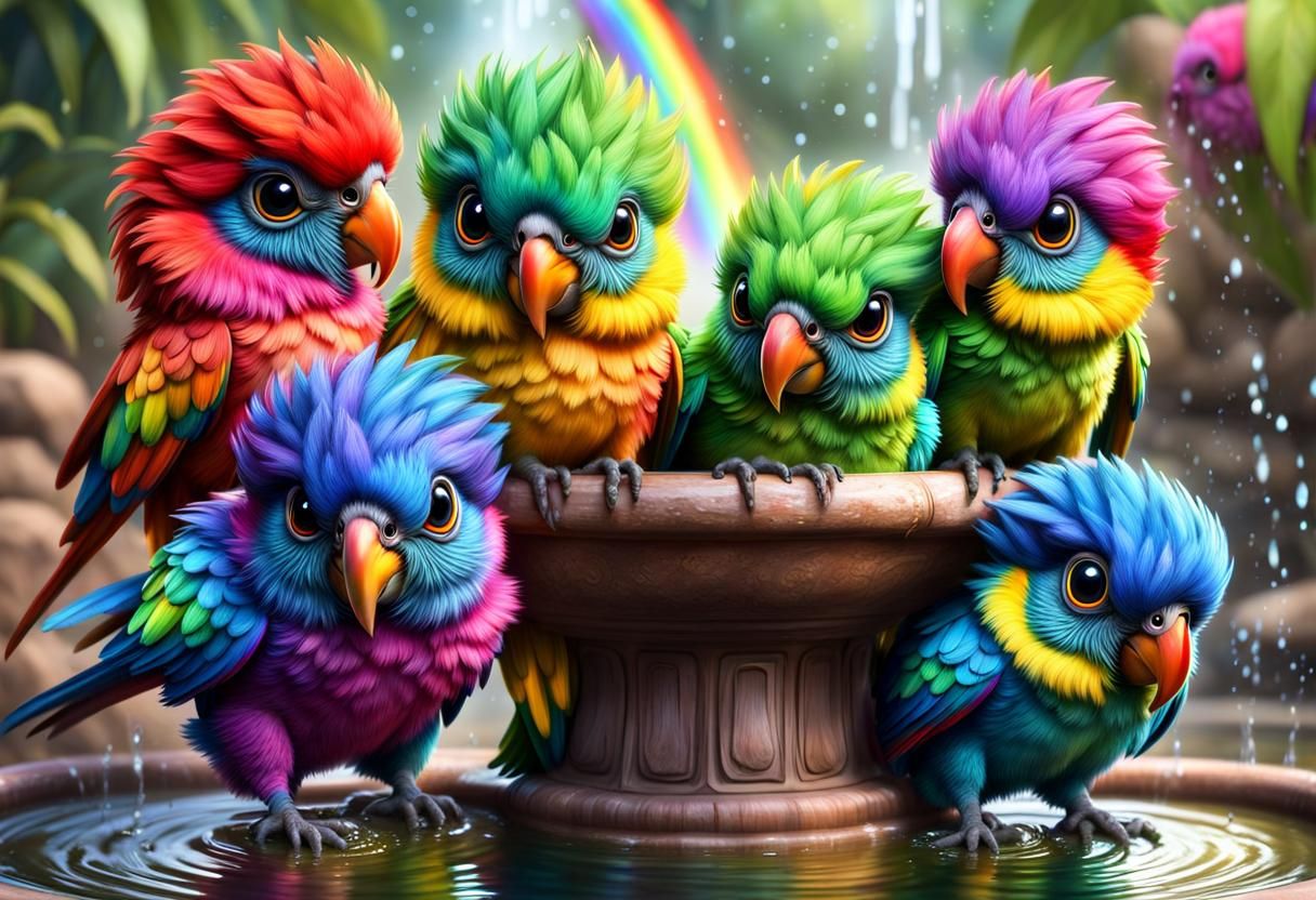 Rainbow Baby Parrots Around a Fountain