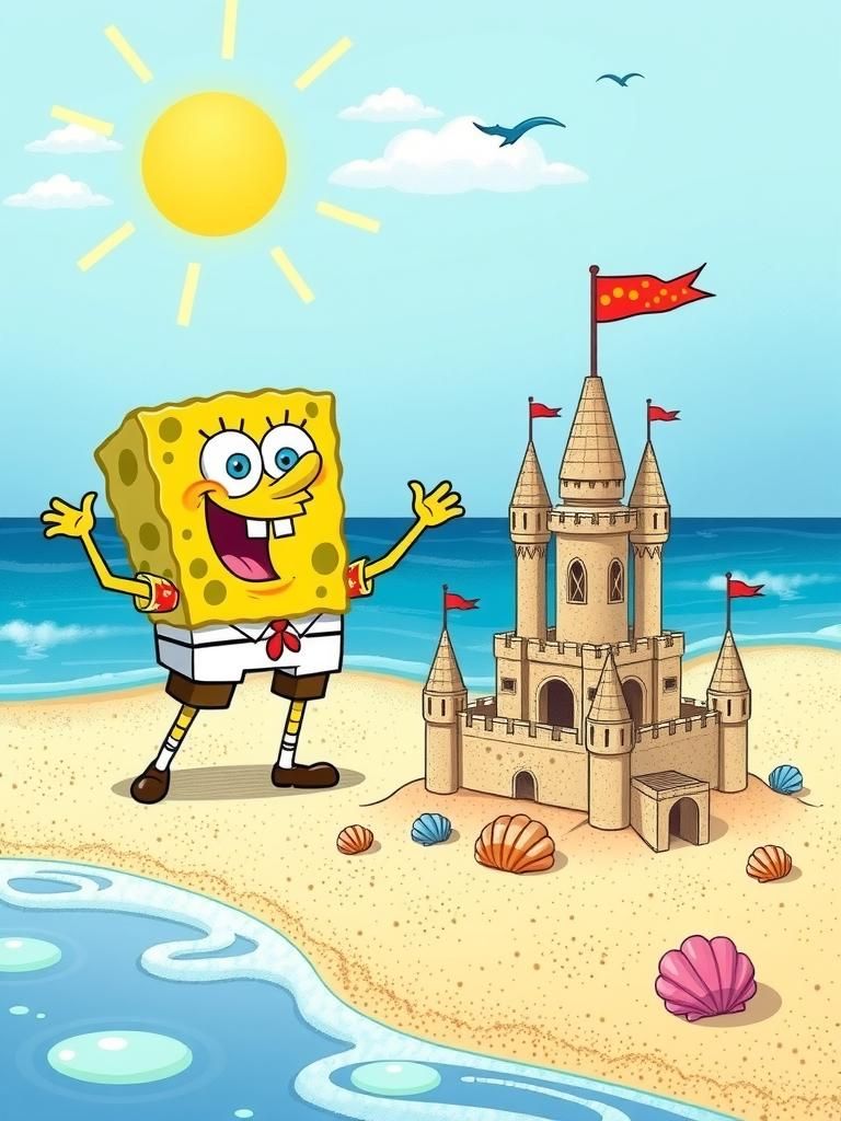 SpongeBob SquarePants making a sandcastle