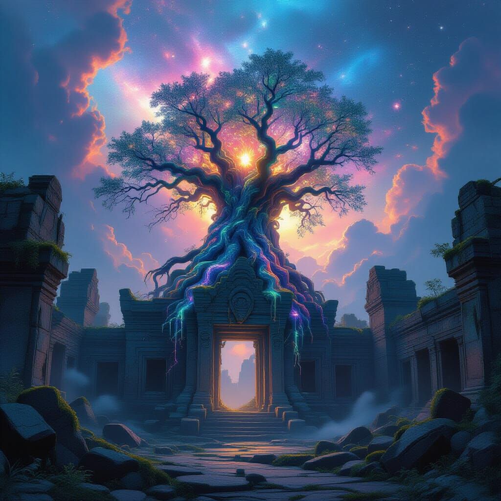 Celestial Vines Enshroud Ancient Temple in Nebula Glow