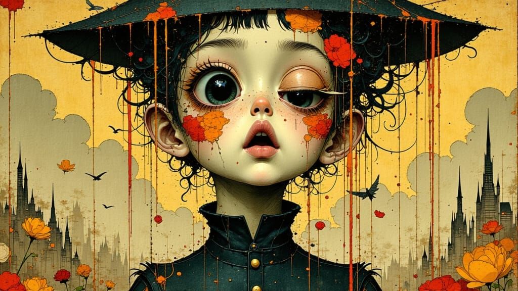 Surreal Face in Biopunk Cityscape: Maximalist Digital Art