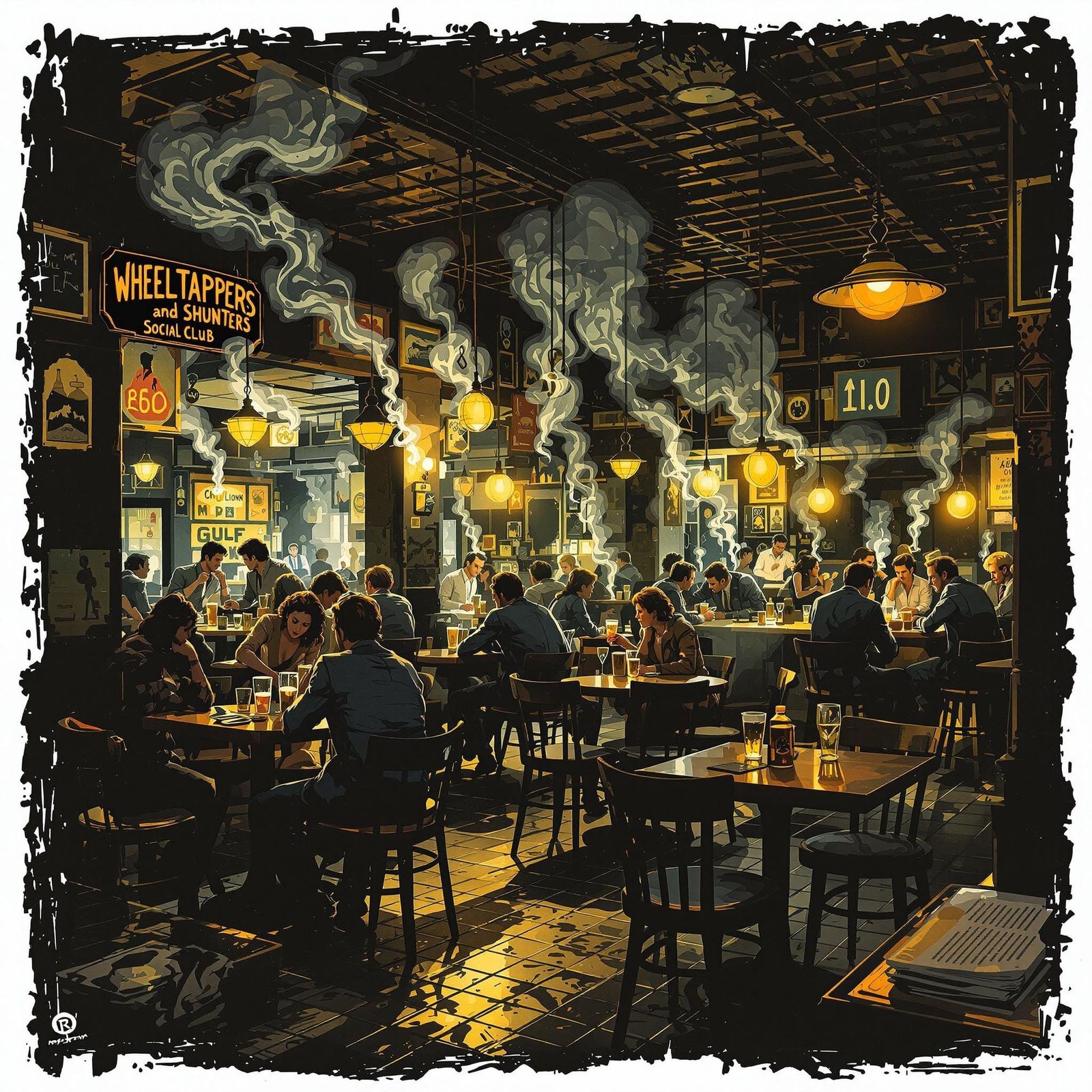 Vibrant 1970s Social Club Scene in Warm Golden Tones