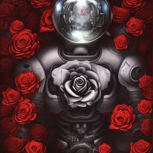 Flowery Robot with Red Rose in Charcoal Drawing
