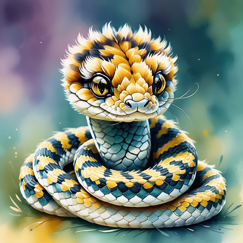Whimsical Baby Snake Portrait in Watercolor Style