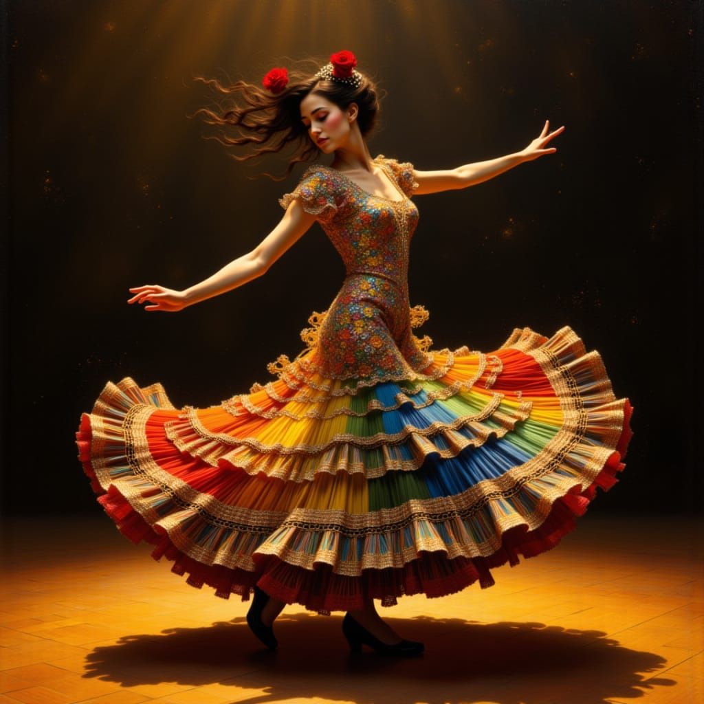Flamenco Dancer in Klimt-Inspired Rainbow Dress