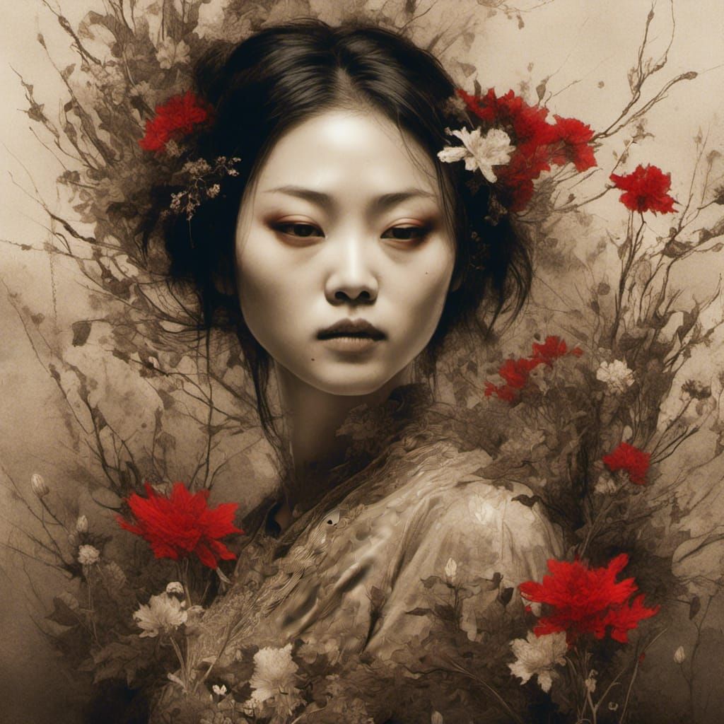 Asian Woman Portrait with Floral Details