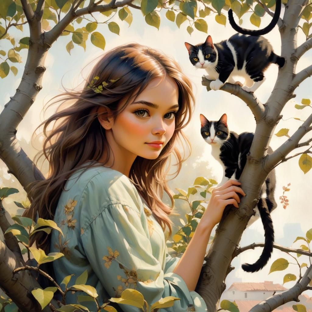 Pretty Girl in a Tree With Cats