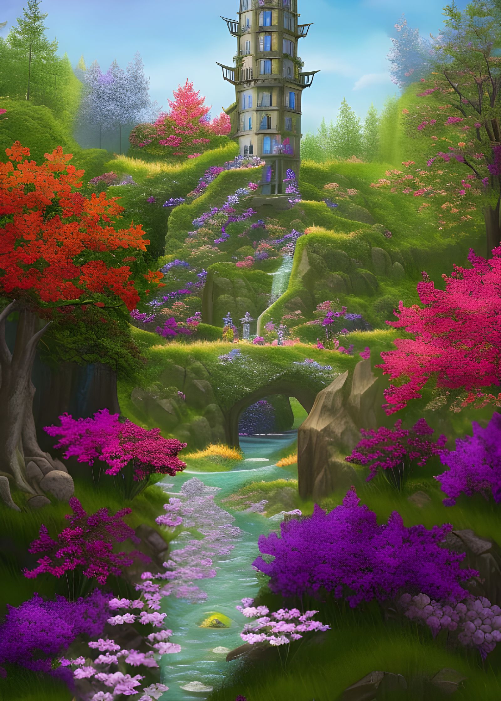 Elven Tower Overflowing with Colorful Flowers