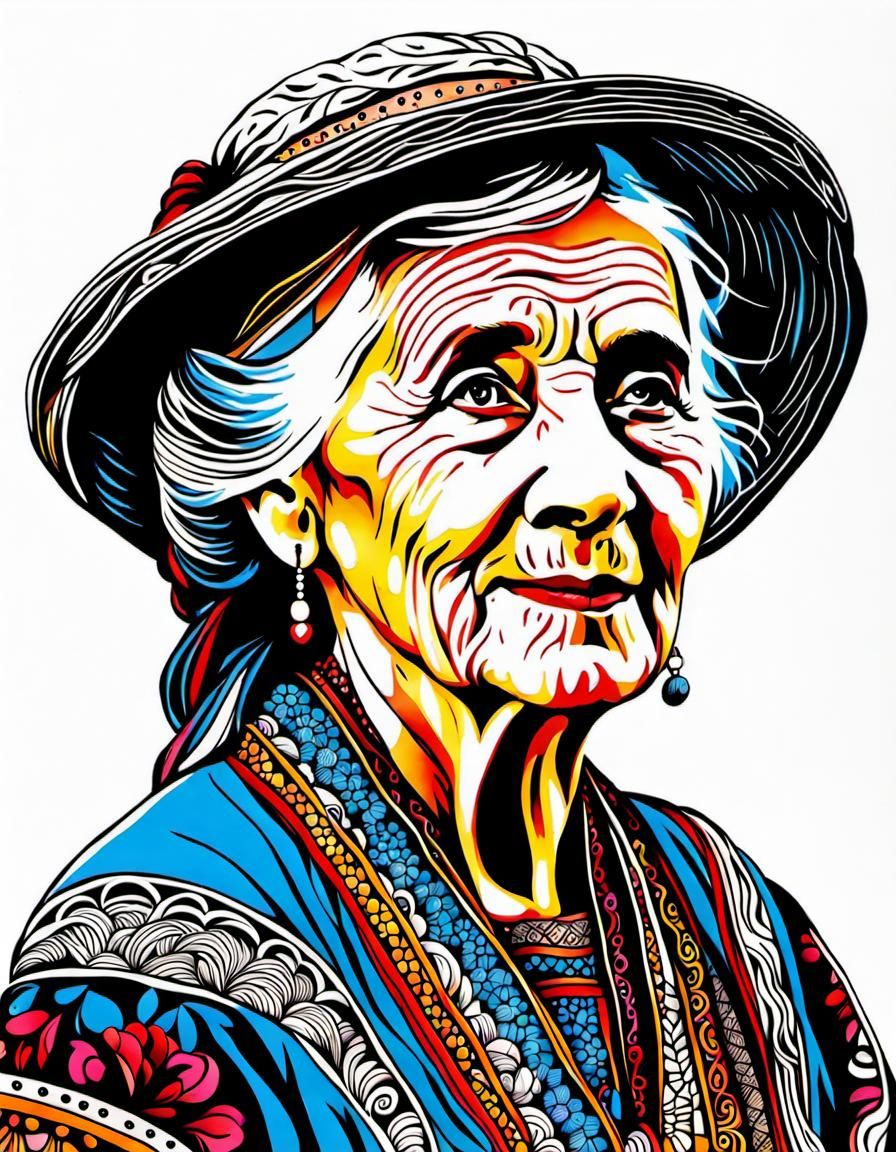 Detailed Ink Portrait of Elderly Woman in Peasant Dress