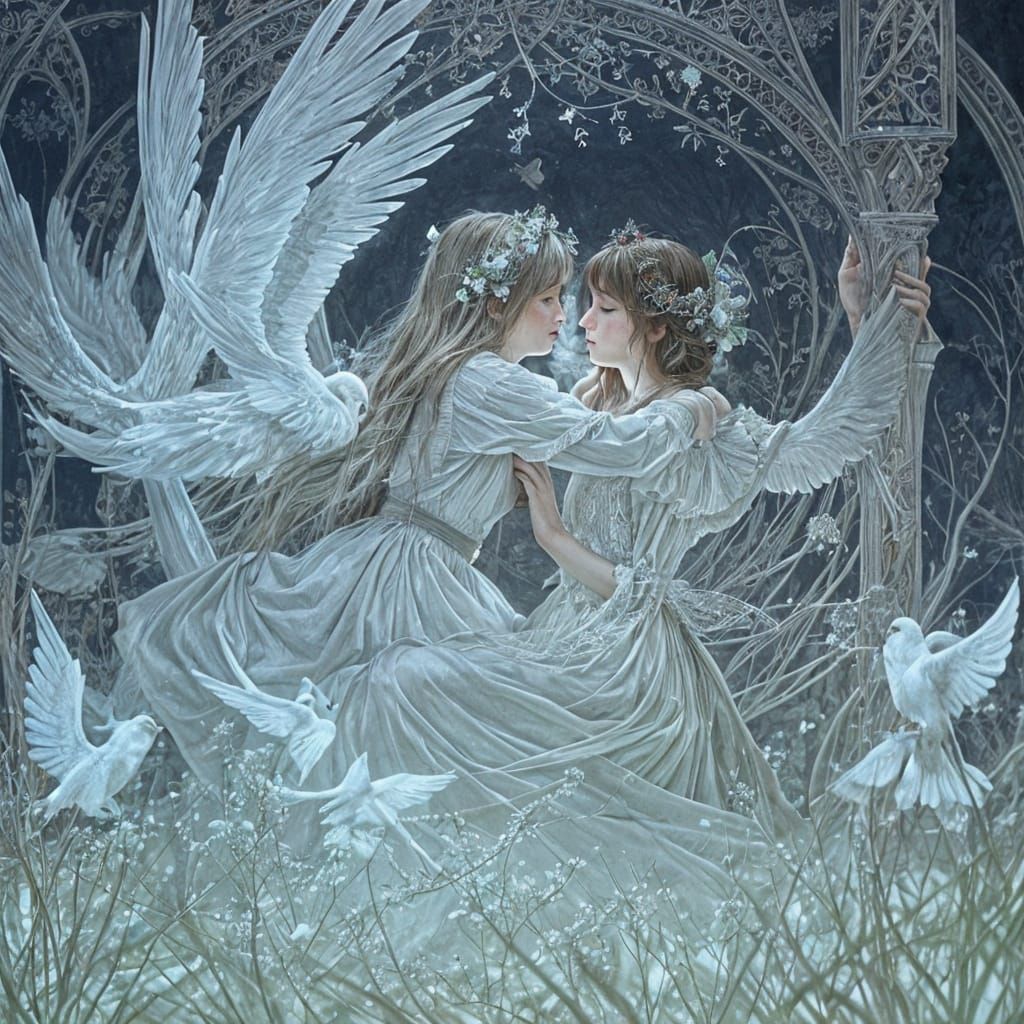 Ethereal Turtle Doves in Antique Glass Dovecote