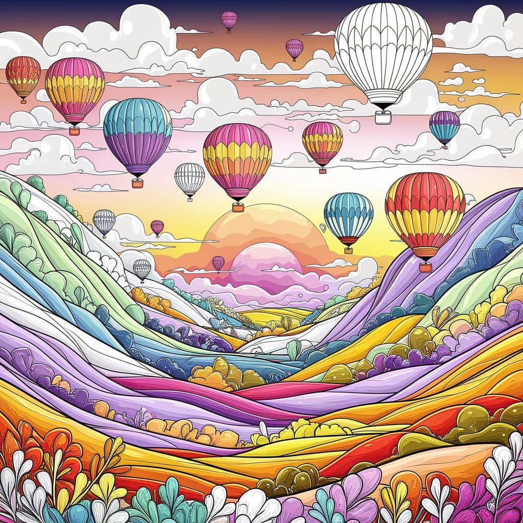Sunset Sky with Hot Air Balloons: Coloring Book Art