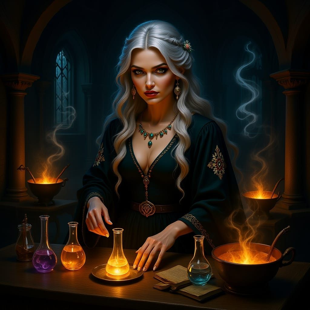 Witch Concocting Potions in Castle Cellar