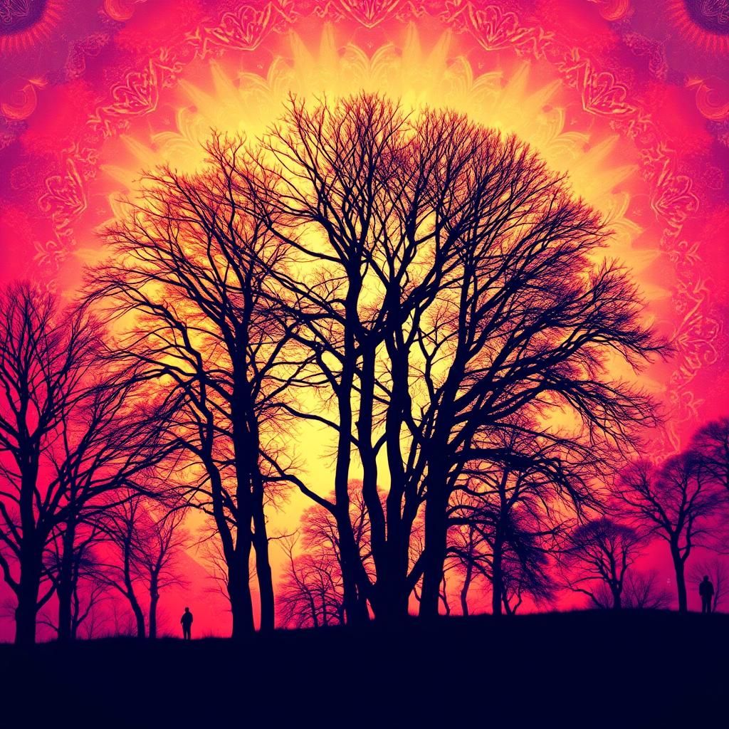 Ethereal Trees in Fractal Kaleidoscope: Double Exposure Art