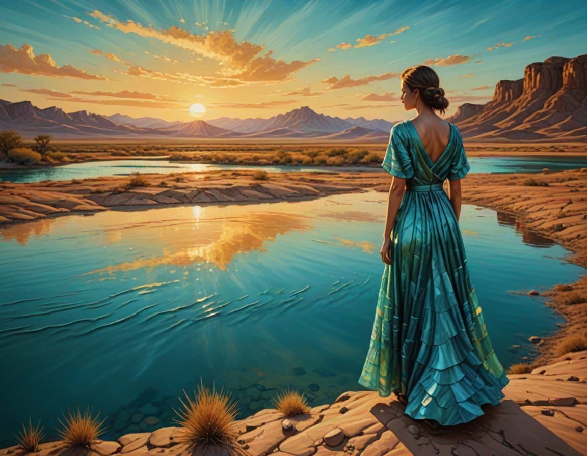 Woman in Turquoise Dress by Desert Lake