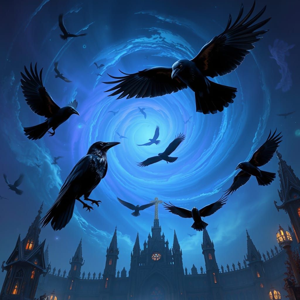 Ethereal Crows in Mid-Air, Suspended in a Whirling Vortex