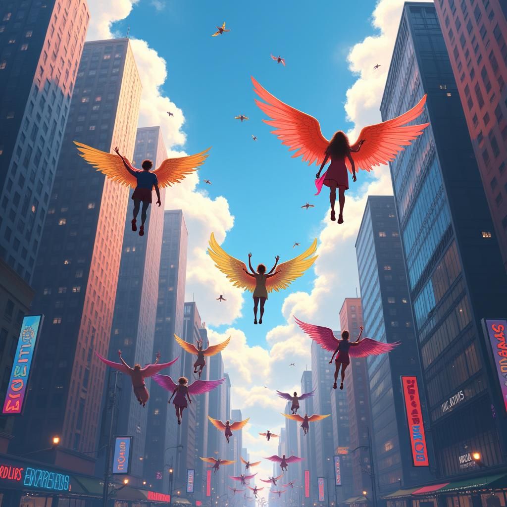 Winged People Soaring Over Bustling Cityscape Animation