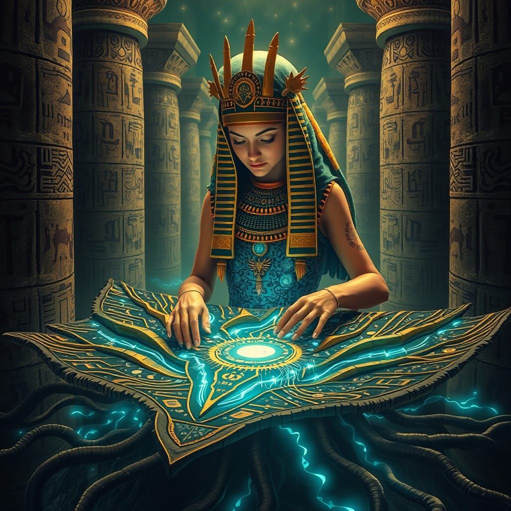 Egyptian Priestess Tending Organic Motherboard in Futuristic...