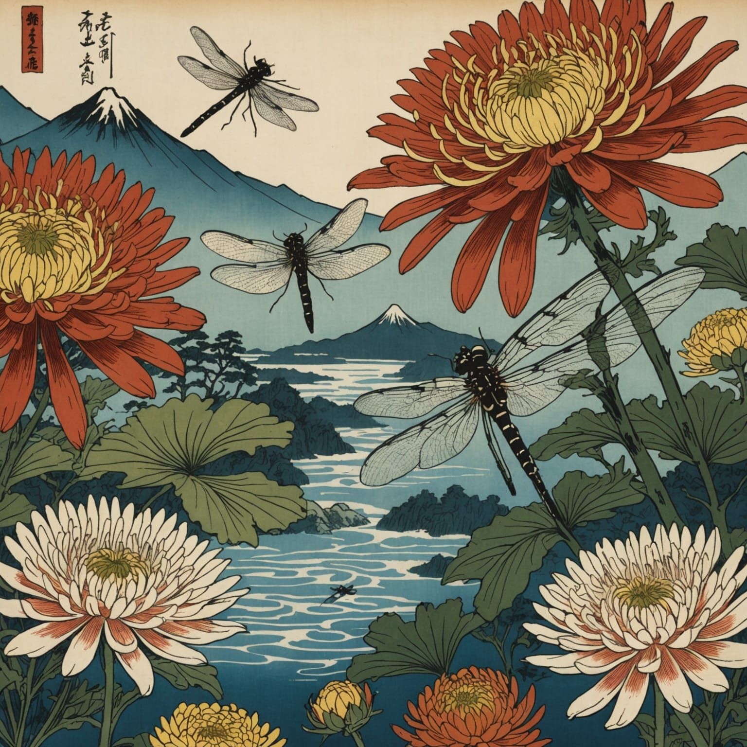 Chrysanthemum and Dragonfly in Ukiyo-e Style