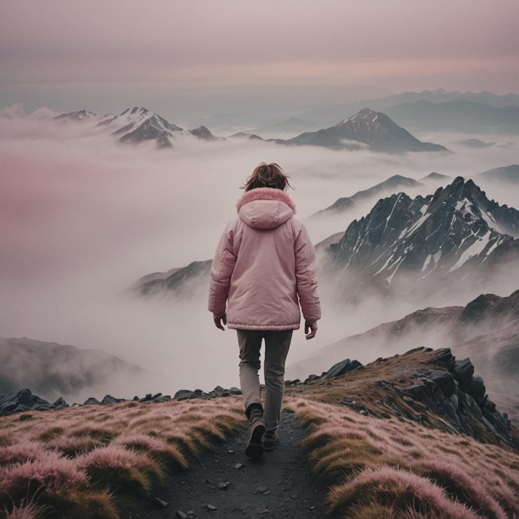 Person in Pink Jacket on Misty Peaks