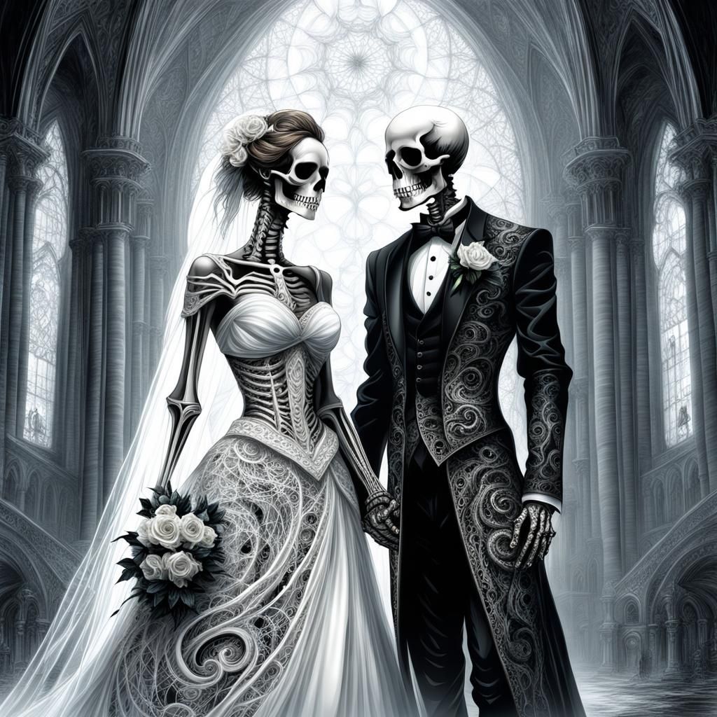 Skeleton Wedding in Church, Luis Royo Style