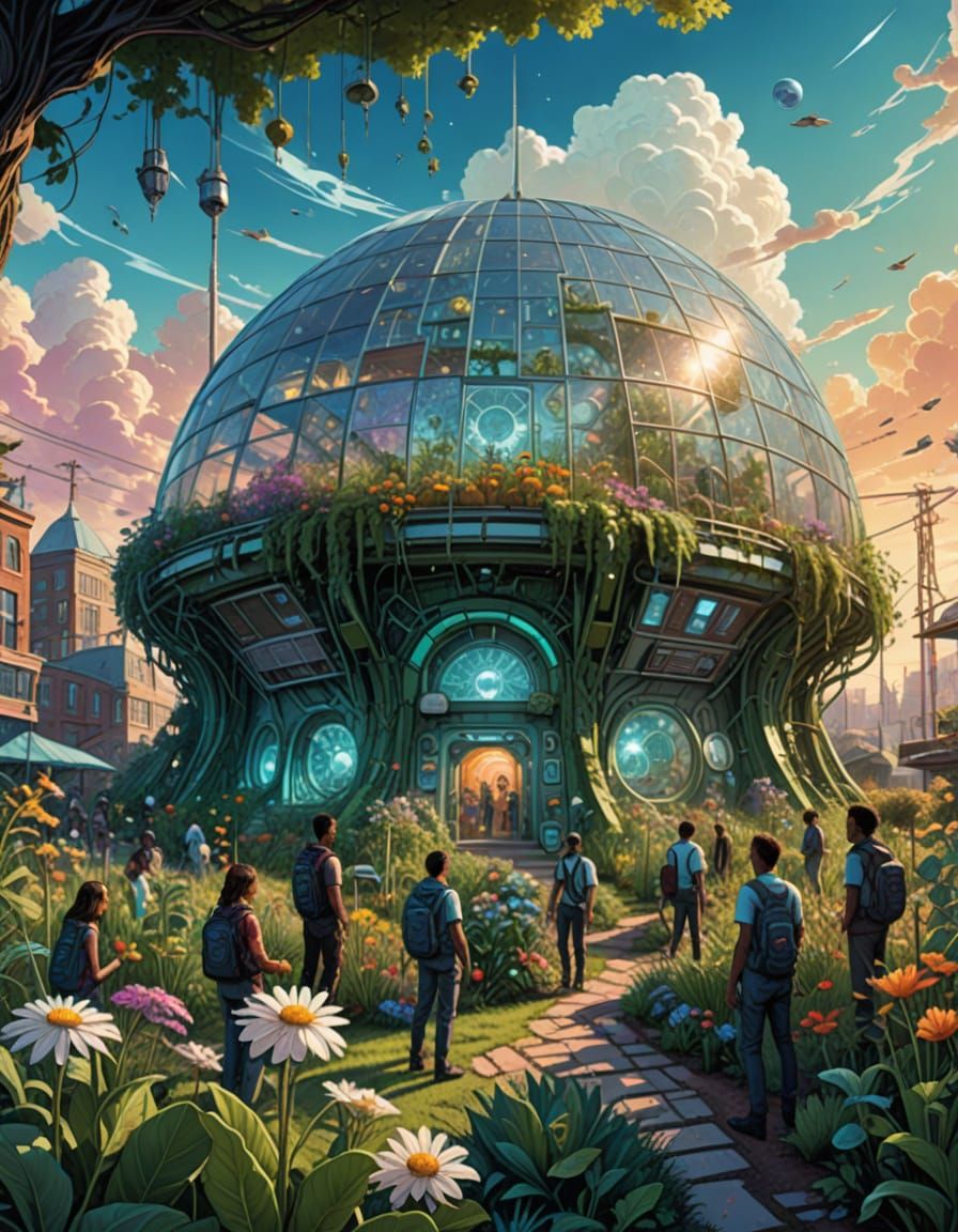 Surreal Utopian Futurism in Vibrant Solarpunk City