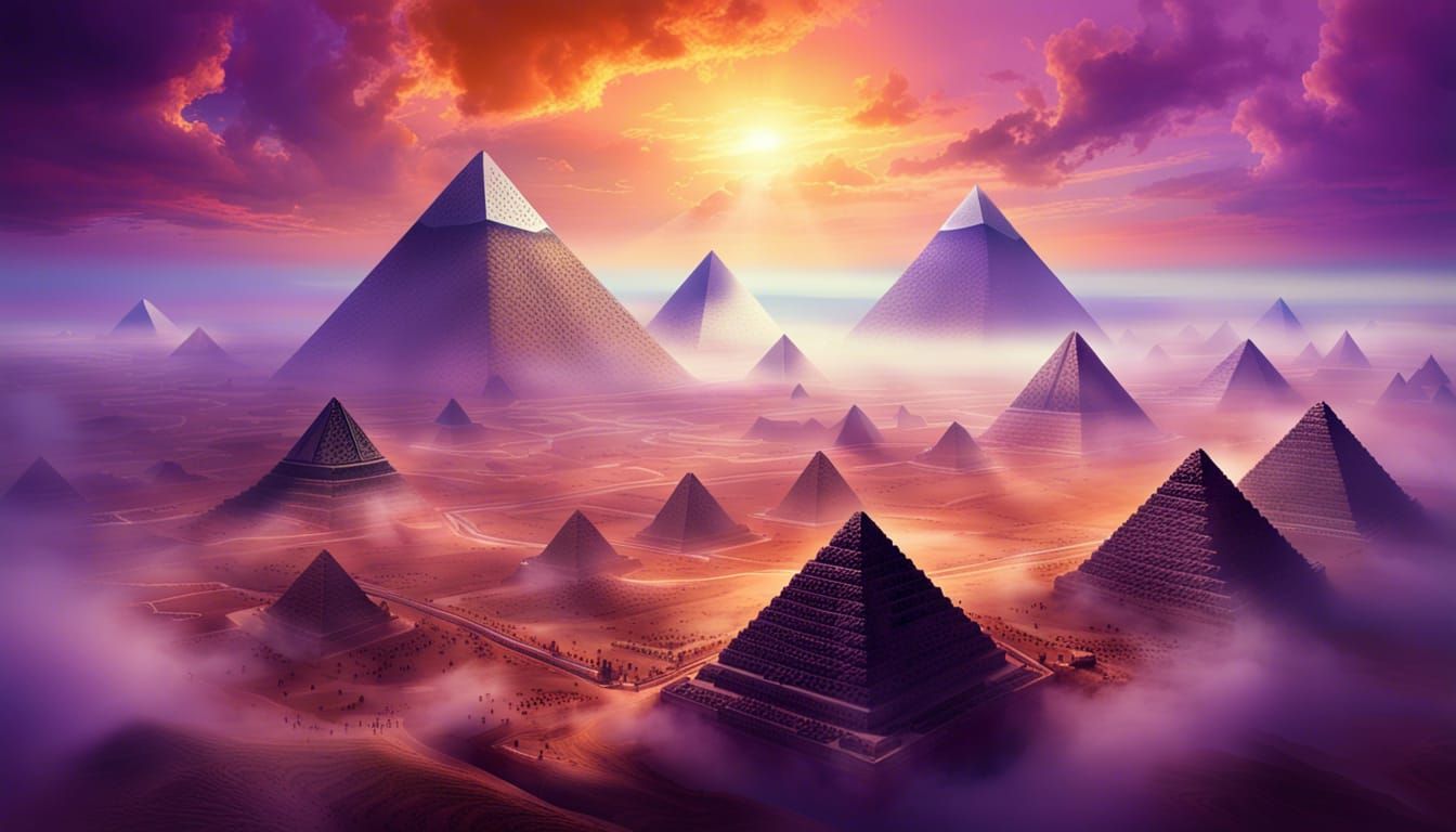 Endless Valley of Pyramids in Ethereal Mist