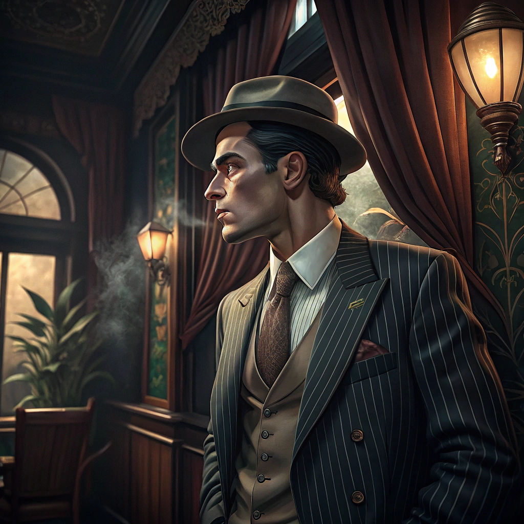 Suave Gangster in Smoky Speakeasy, Film Noir Style