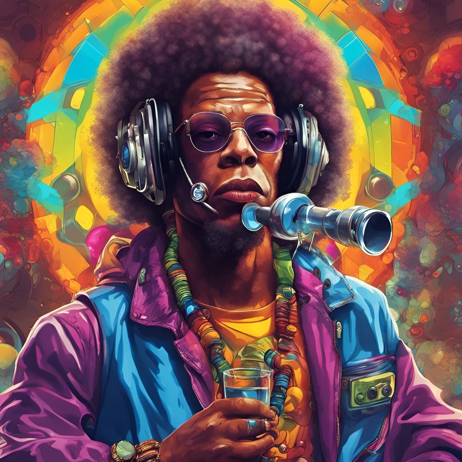 Cyborg with Afro and Glass Pipe