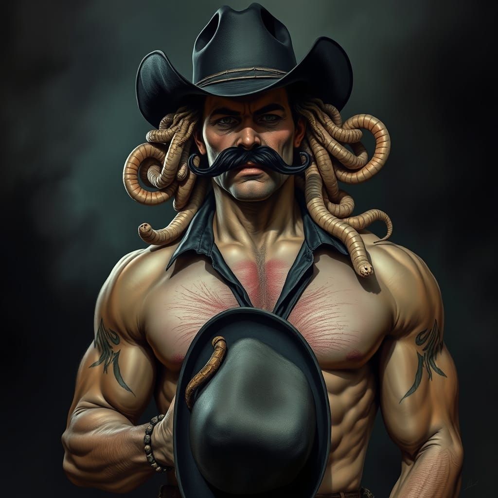 Ominous Cowboy with Snake Hair, Gothic Surrealism