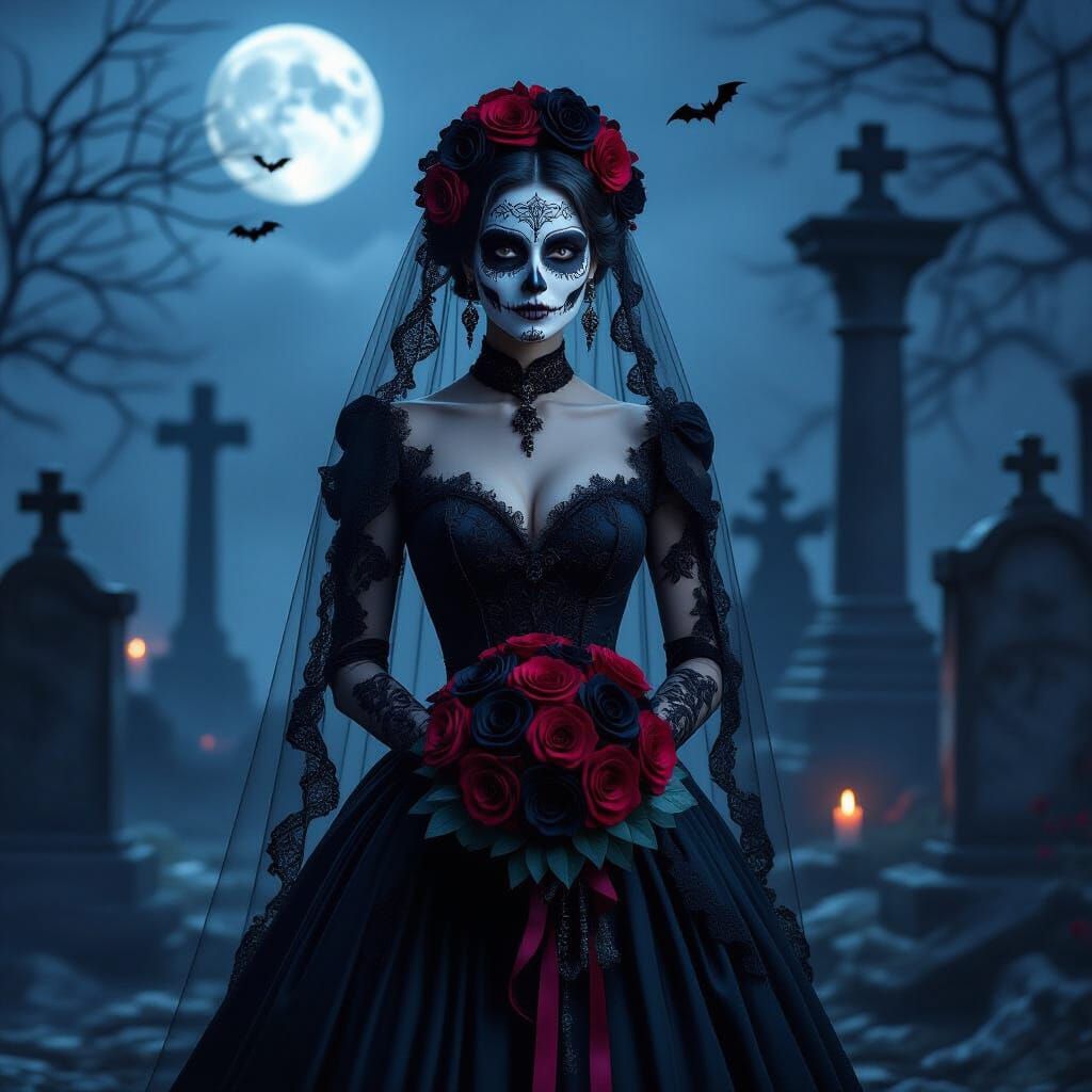 Gothic Sugar Skull Bride in Moonlit Graveyard 3D Render