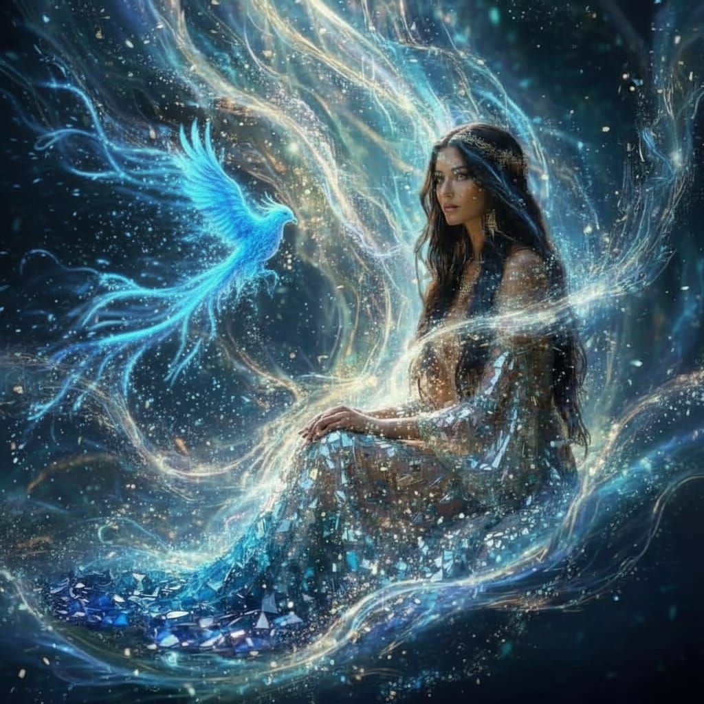 Realistic Woman by Waterfall in Ethereal Gown