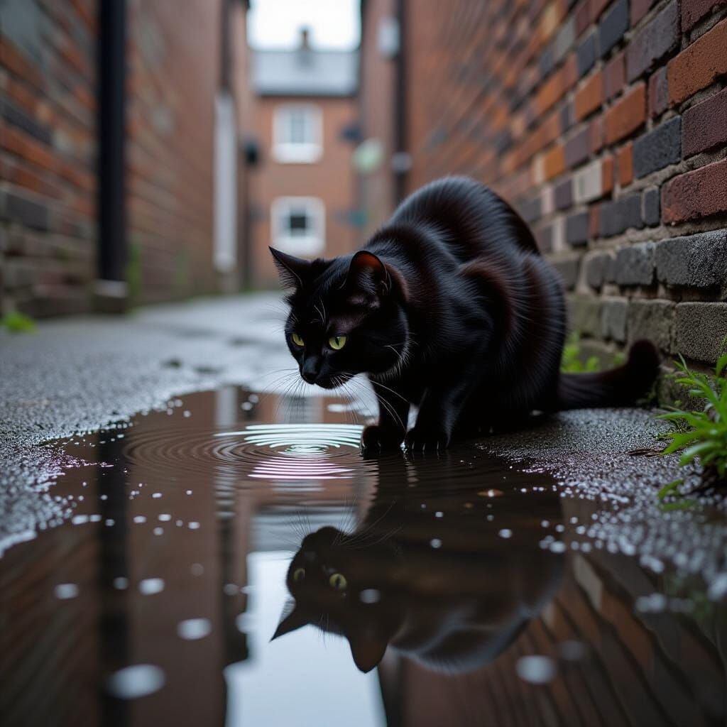 Black Cat Gazing at its Reflection