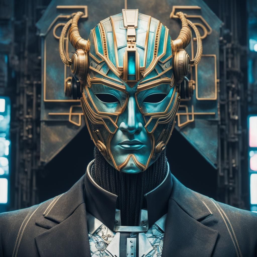 Cyberpunk Greek Tragedy Mask in Neo Tokyo