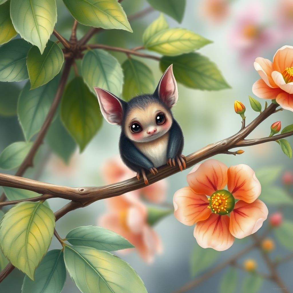 Whimsical Bat Perched on a Tree Branch in a Fantastical Gard...