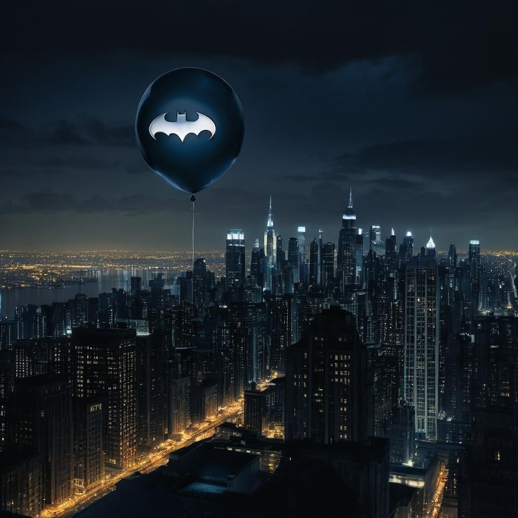 Gotham City Skyline with Batman Balloon in Cartoon Style
