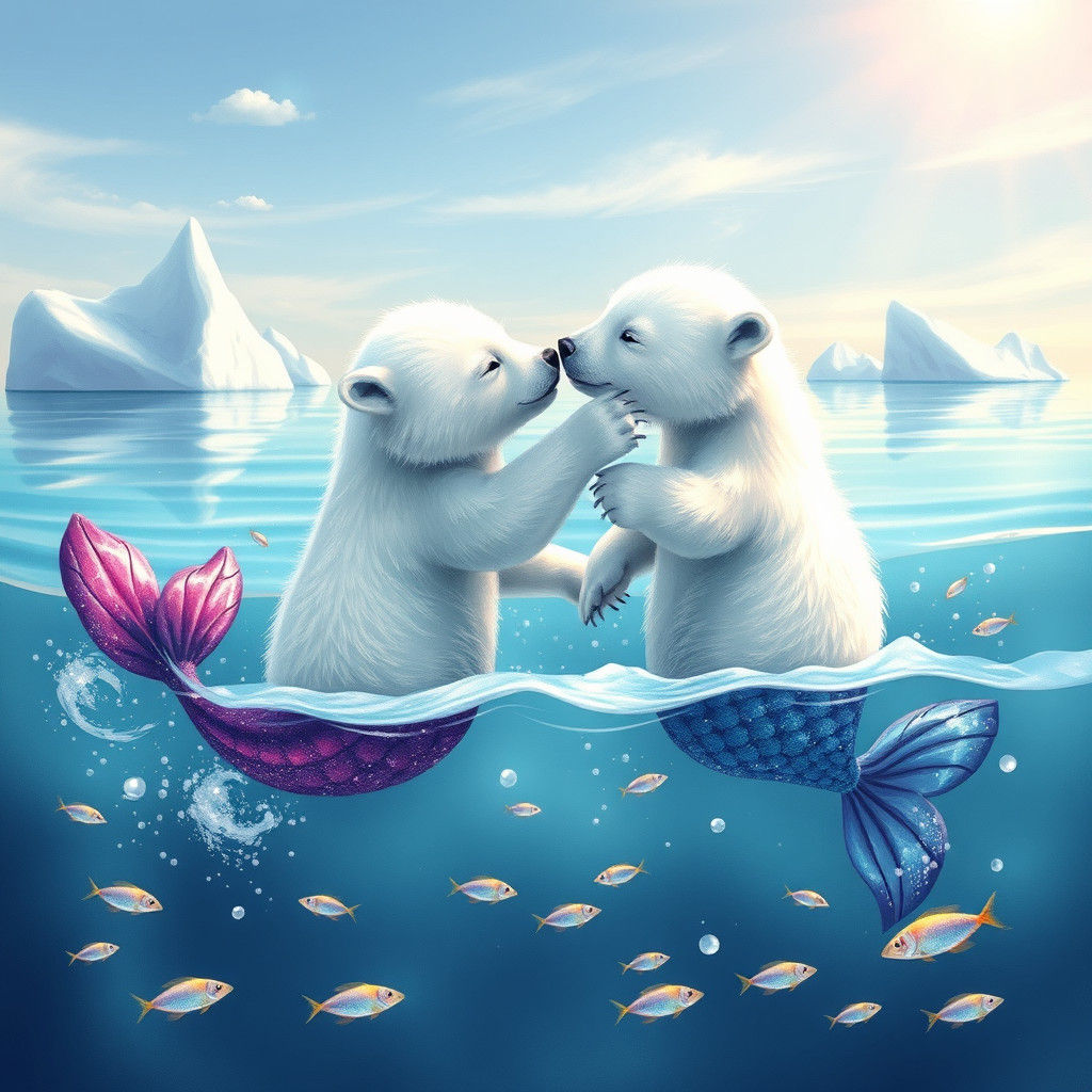 Polar Bear Mermaid Cubs Frolicking in Arctic Ocean