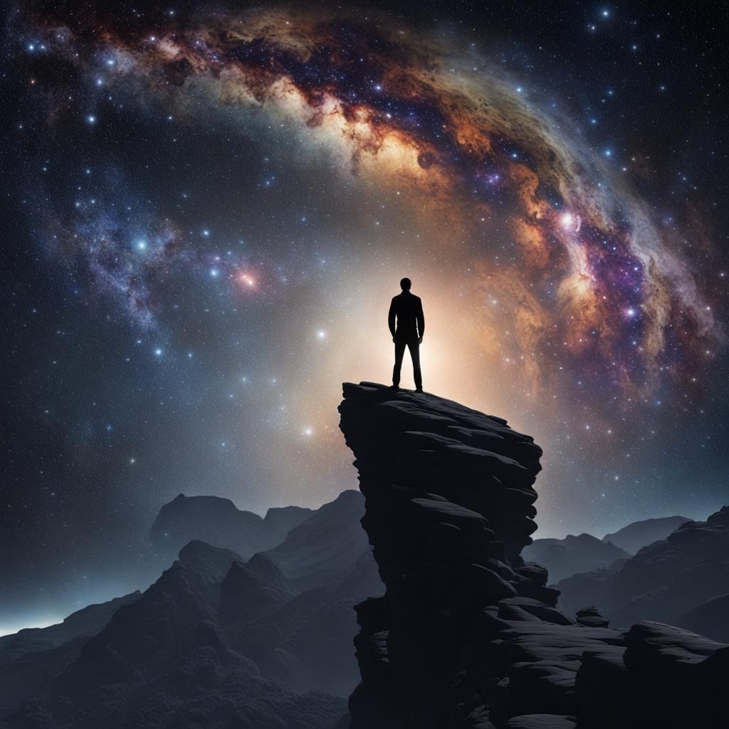 Lone Figure Gazing at the Universe in Detailed Art