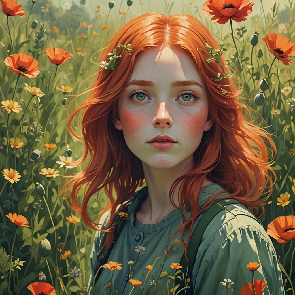 Red-Haired Woman in Meadow: Digital Art Portrait