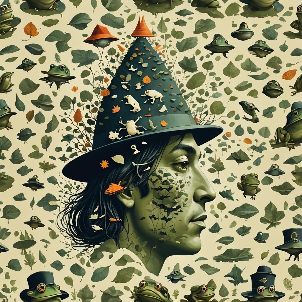 Surreal Mindscape: Frogs in Hats, Cubist Ink Art