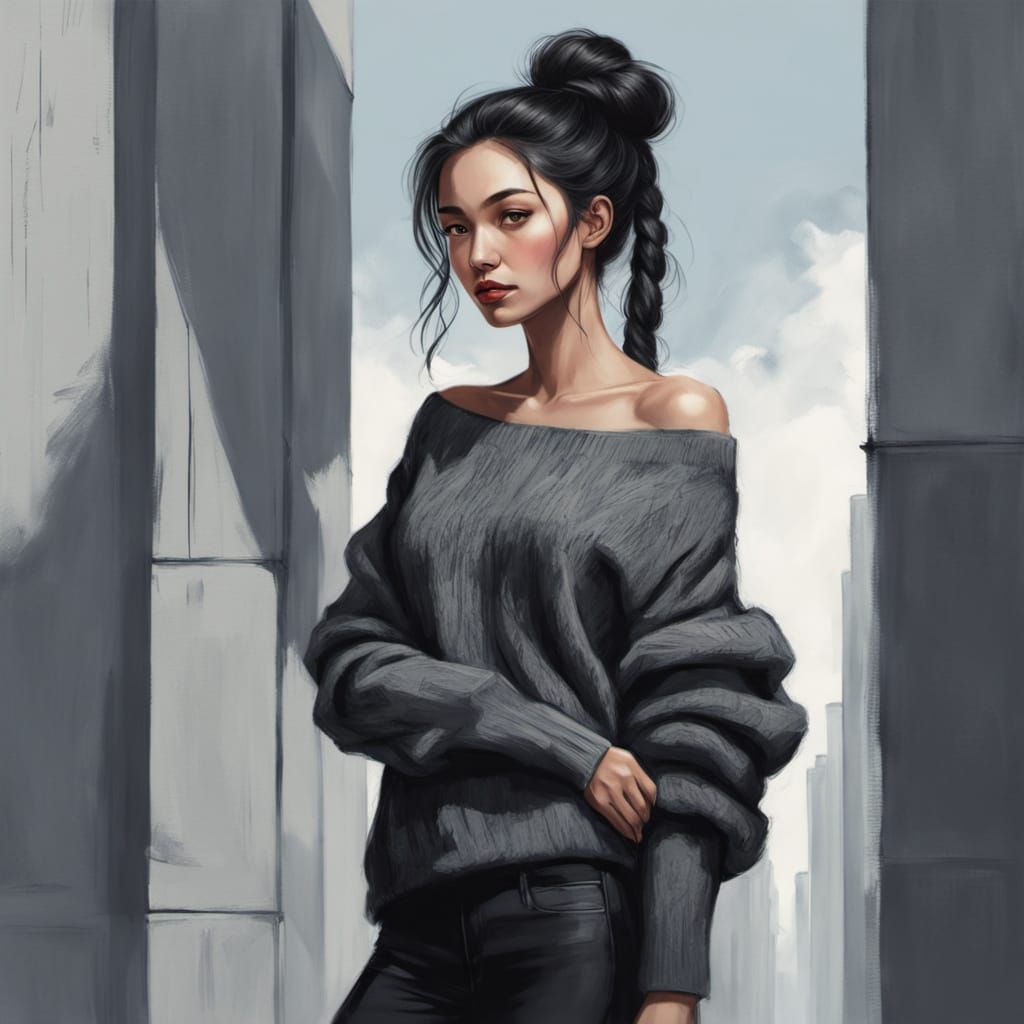 Elegant Young Woman in Monochromatic Charcoal Drawing Style