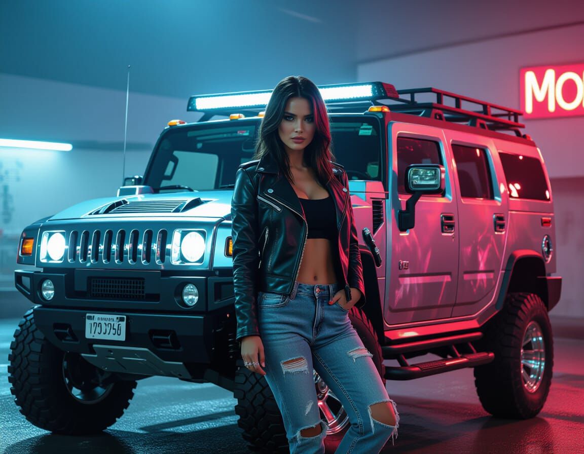 Woman with Customized Hummer in Retro-Futuristic Style