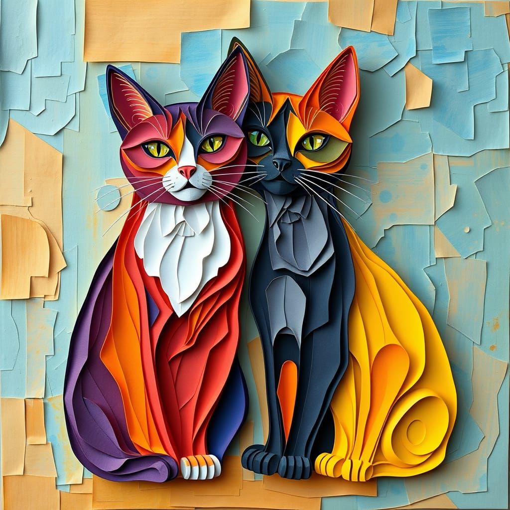 Vibrant 3D Paper Cats in Neo-Impressionist Style