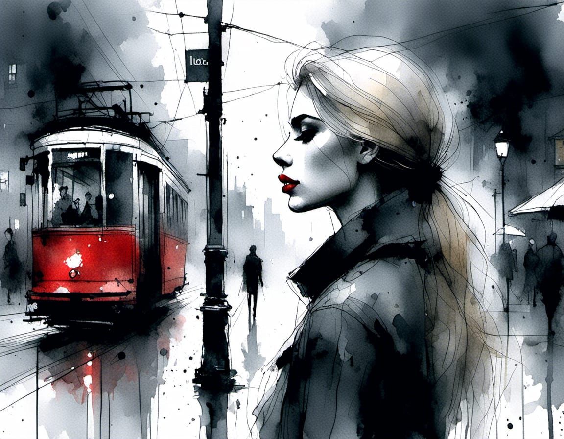 Woman Under Street Light in Charcoal and Ink