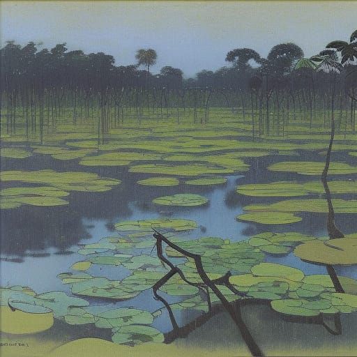 Indonesian Mangrove Swamp Landscape in Woodblock Print Style
