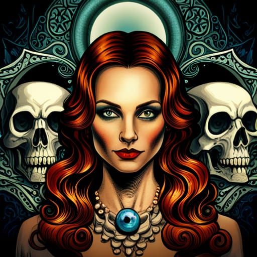Evil Witch Portrait in Art Nouveau Film Noir Style