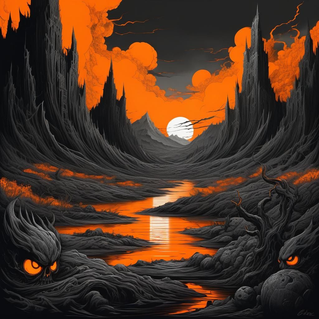 Tormented Soul in Hellish Landscape, Charcoal Drawing