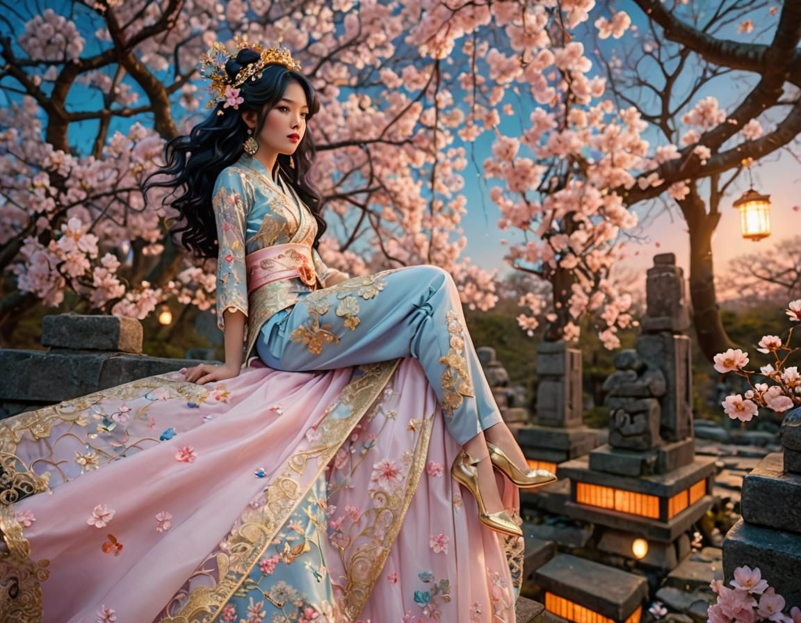 East Asian Woman in Cherry Blossom Forest