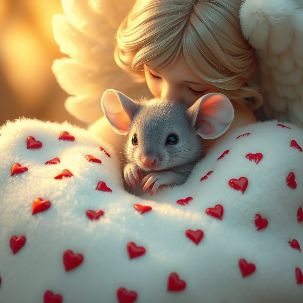 Serene Angel Cradles Adorable Mouse in Heart-Adorned Blanket